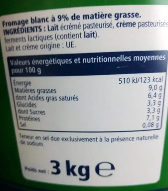 Fromage blanc nutrition facts table