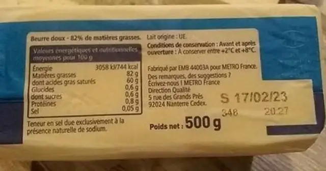beurre doux nutrition facts table