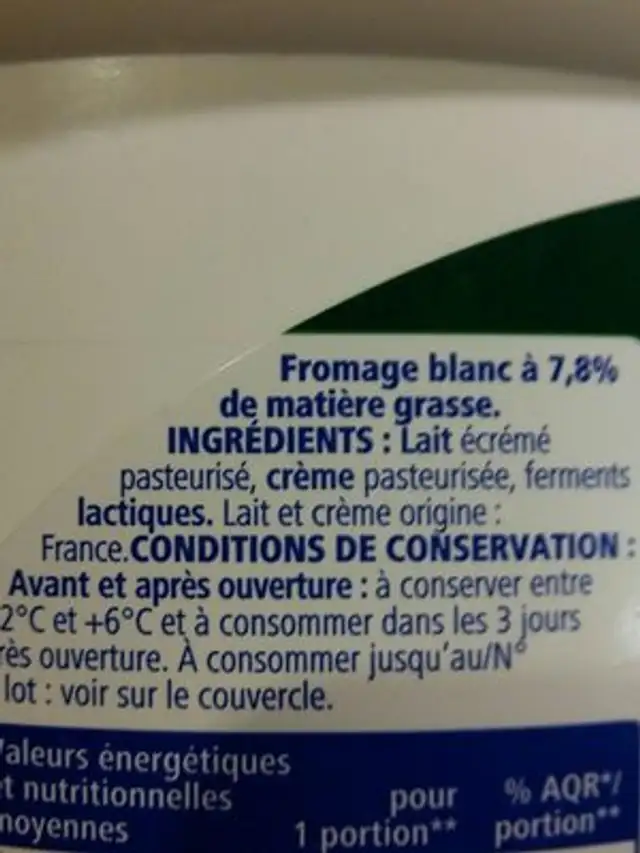 Fromage blanc nature 7.8% de matière grasse ingredients label