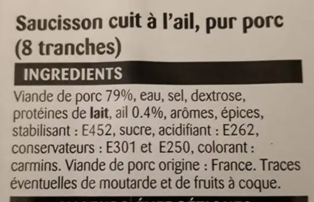 Saucisson cuit à l'ail ingredients label