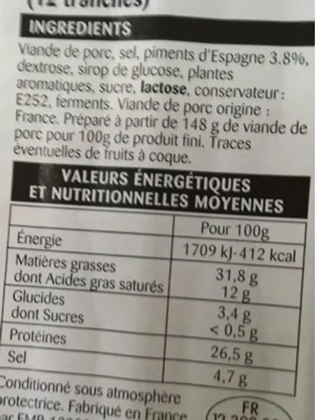 Chorizo ingredients label