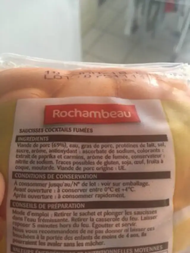 Saucisses cocktail fumées ROCHAMBEAU ingredients label
