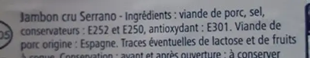 Jambon Serrano ingredients label