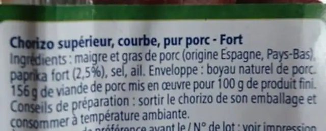 Chorizo fort ingredients label