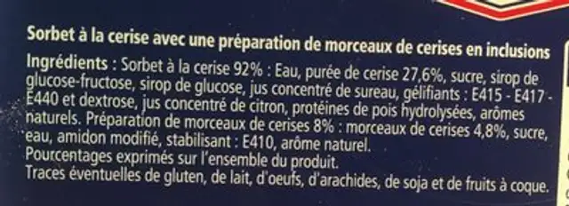Sorbet cerise ingredients label