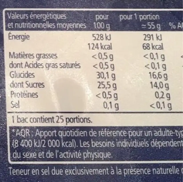 Sorbet cerise nutrition facts table