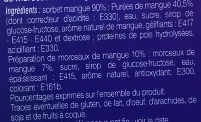 Sorber Mangue ingredients label