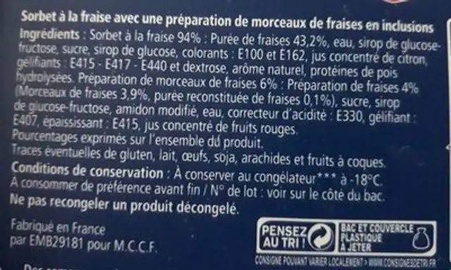 Sorbet fraise avec morceaux de fraise ingredients label