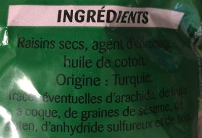 Raisins Secs Sultanines ingredients label