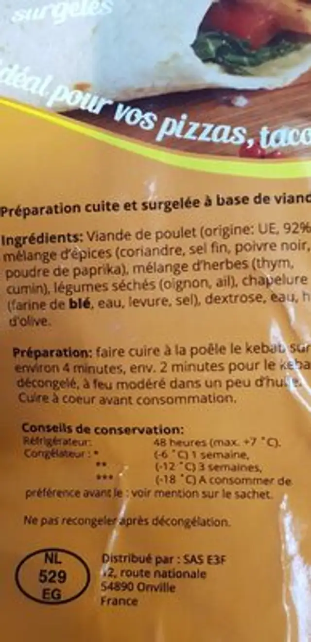 émincé de kebab ingredients label