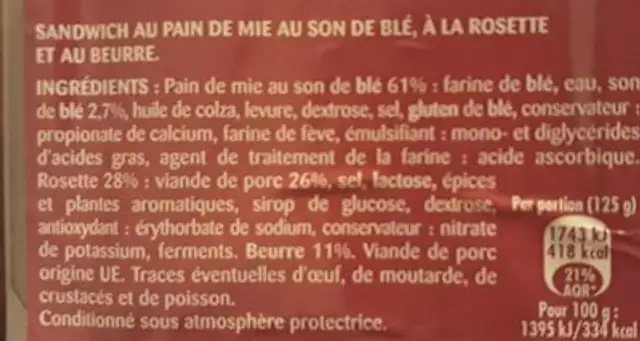 Rosette beurre ingredients label