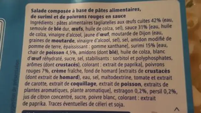 Salade de tagletelles au surimi ingredients label