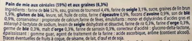 Pain aux céréales et graines ingredients label
