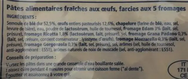 Ravioli 5 fromages ingredients label