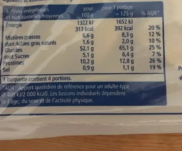 Ravioli 5 fromages nutrition facts table