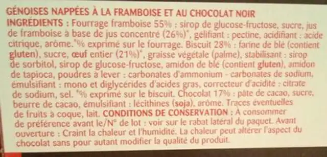 Génoise Framboise Chocolat Noir ingredients label