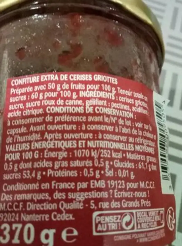 confiture ingredients label
