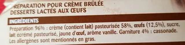 Crème brûlée ingredients label