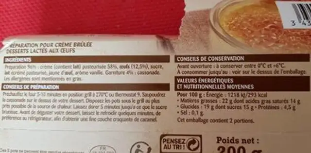Crème brûlée nutrition facts table