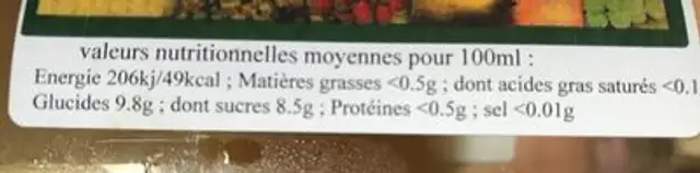 Jus de poire nutrition facts table
