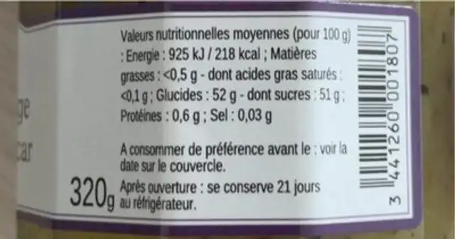 Kiwi Zestes d’Orange vanille de Madagascar nutrition facts table