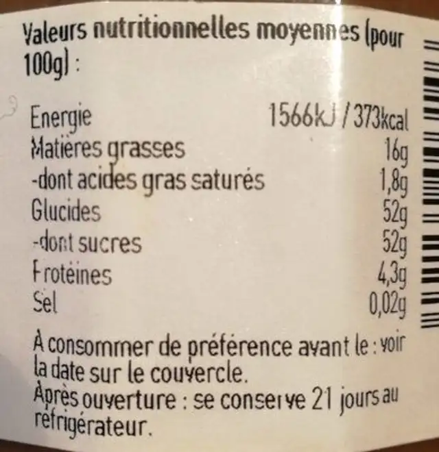 Confiture artisanale de Noix nutrition facts table