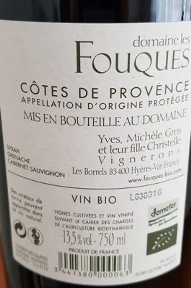 AOC Domaine des Fouques ingredients label
