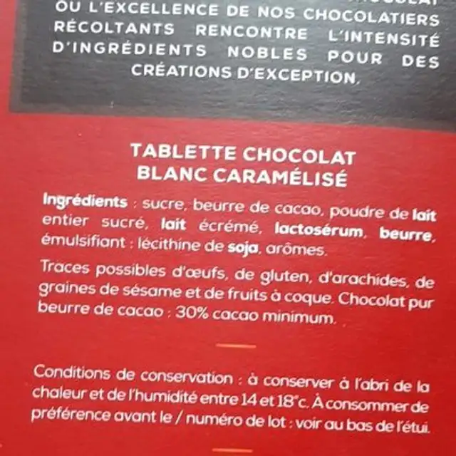 Chocolat blanc doré ingredients label