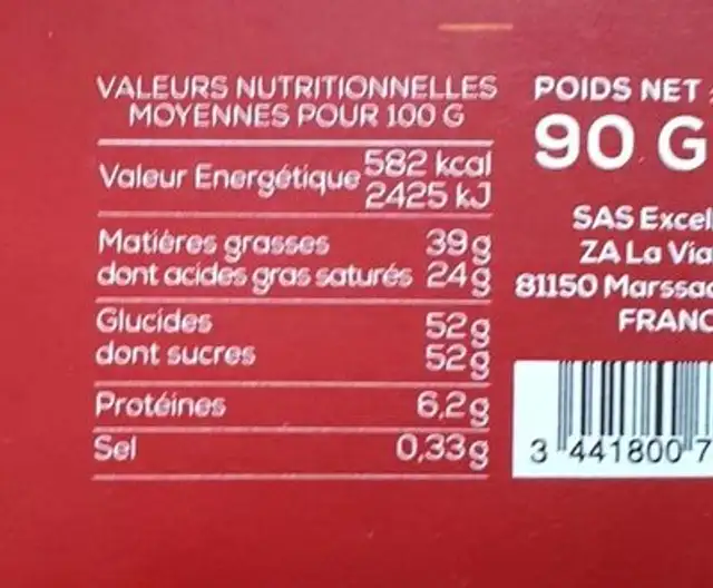 Chocolat blanc doré nutrition facts table