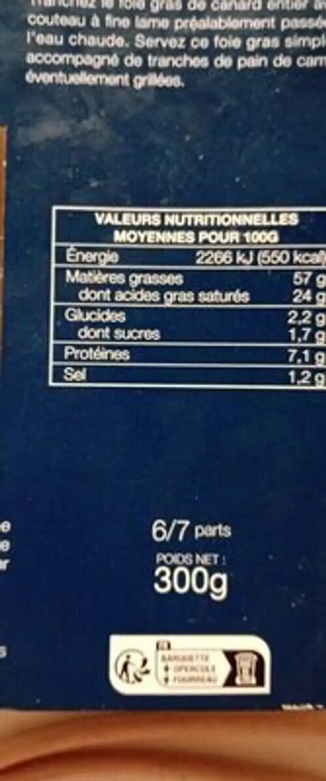 Foie gras de canard entier mi-cuit nutrition facts table