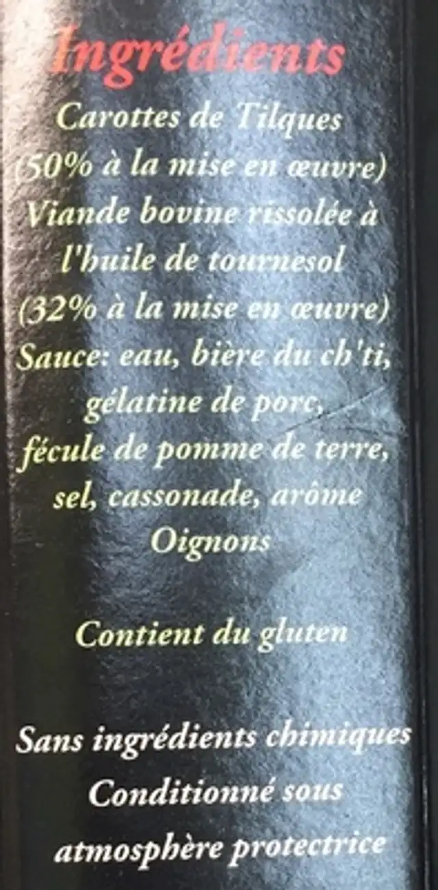 Carbonade de Boeuf aux carottes de Tilques ingredients label