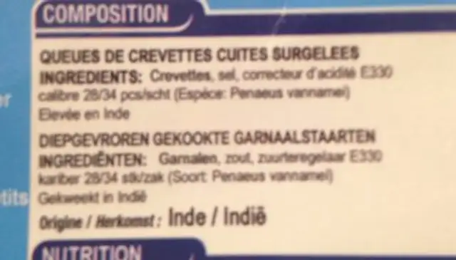 Queue de crevettes cuites ingredients label