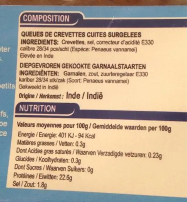 Queue de crevettes cuites nutrition facts table