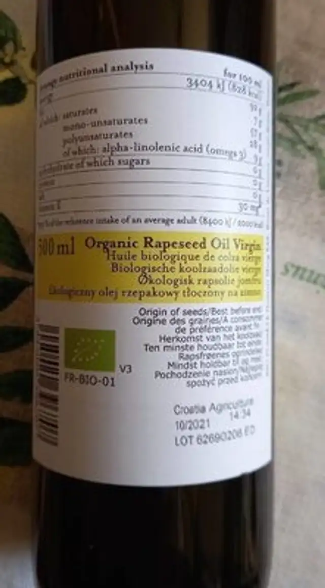 Organic Rapeseed Oil virgin nutrition facts table