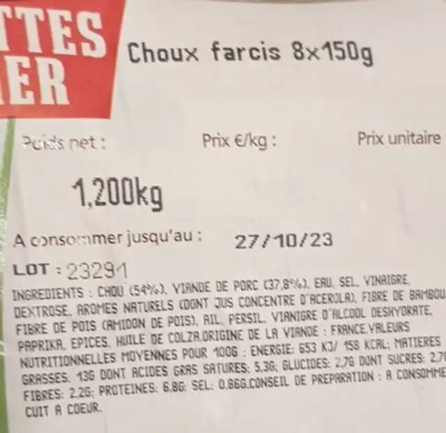Choux farcis nutrition facts table