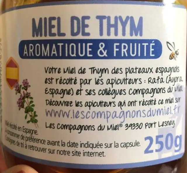 Miel de thym des plateaux espagnols ingredients label