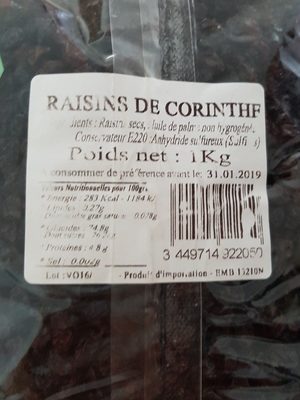 Raisin de Corinthe ingredients label