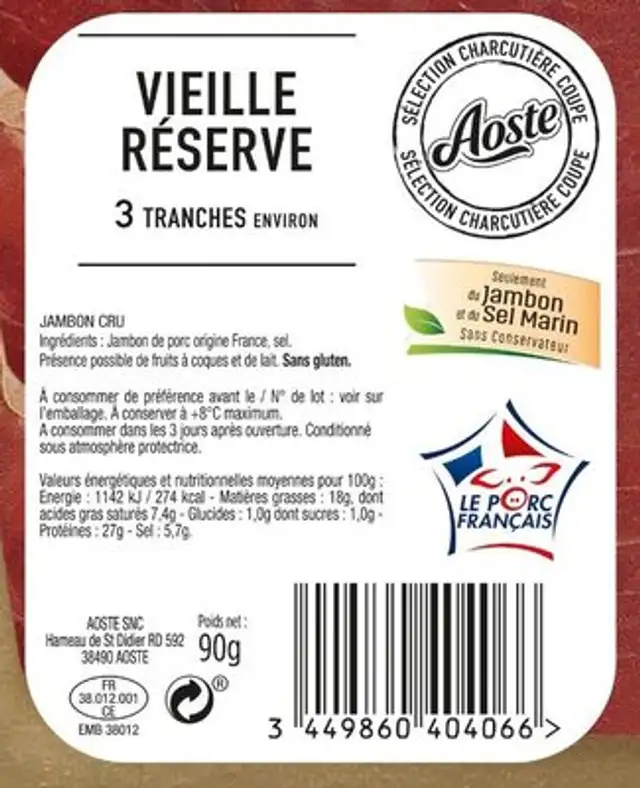 90G Jambon Cru 3 Tranches Aoste ingredients label