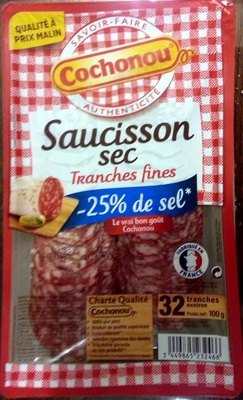 Saucisson sec tranches fines -25% de sel front packaging