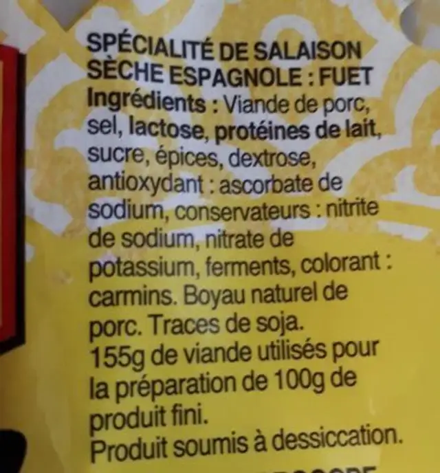 Le Fuet ingredients label