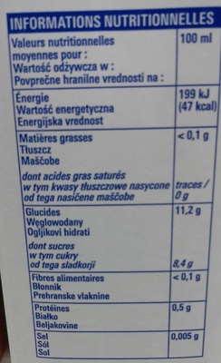 Jus d'orange à base de jus d'orange concentré nutrition facts table