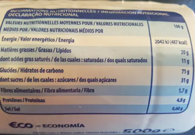 Goûters Fourrés à la Vanille nutrition facts table