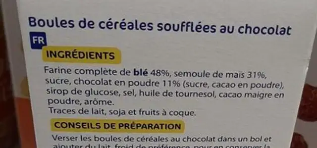 Boules de céréales au chocolat ingredients label