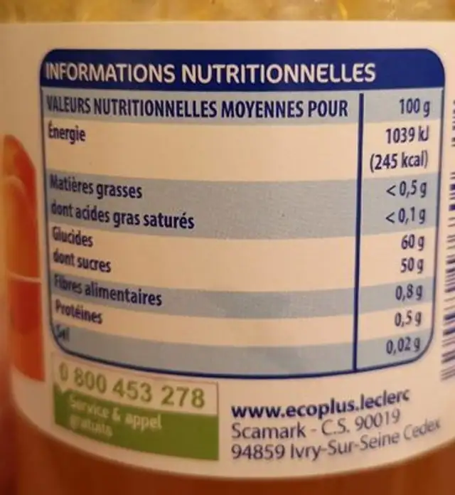Confiture d Abricots 50% de fruits nutrition facts table