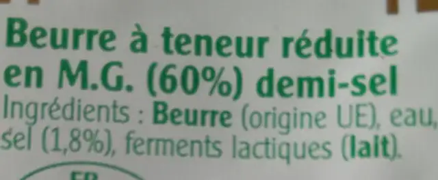 Beurre Demi-Sel à teneur réduite en M.G. (60%) ingredients label