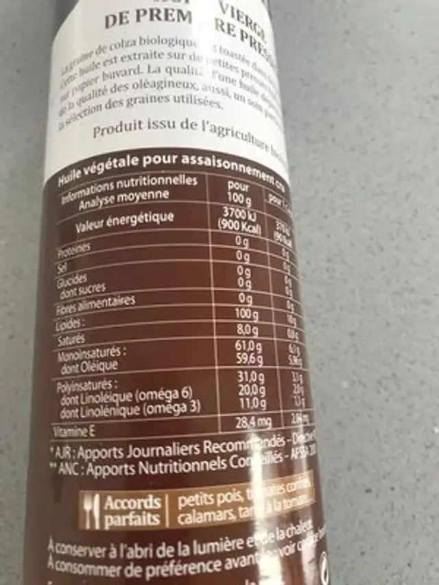 Huile Colza Gourmande Vigean ingredients label