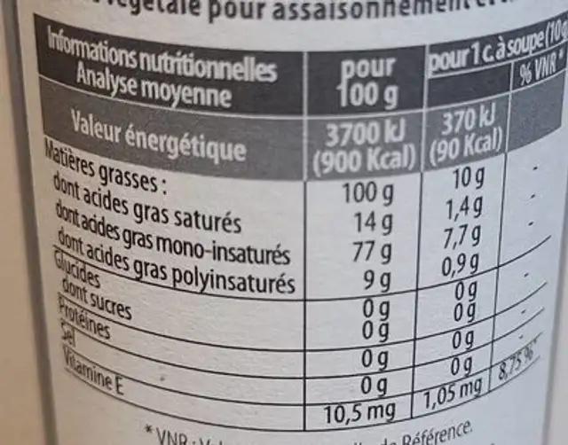 Huile d'olive vierge extra bio grand cru nutrition facts table