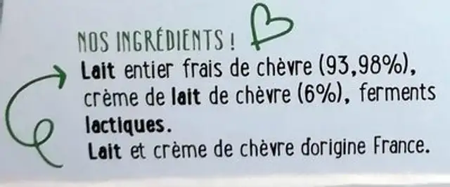 Yaourt au lait de chevre nature ingredients label