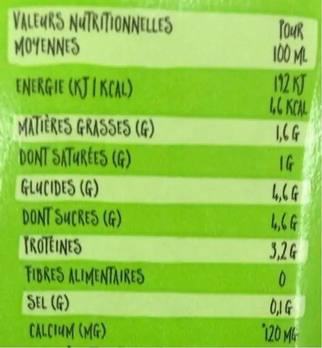 Lait bio de vache nutrition facts table