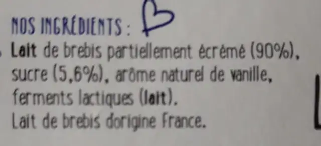 Yo gourmand brebis vanille ingredients label